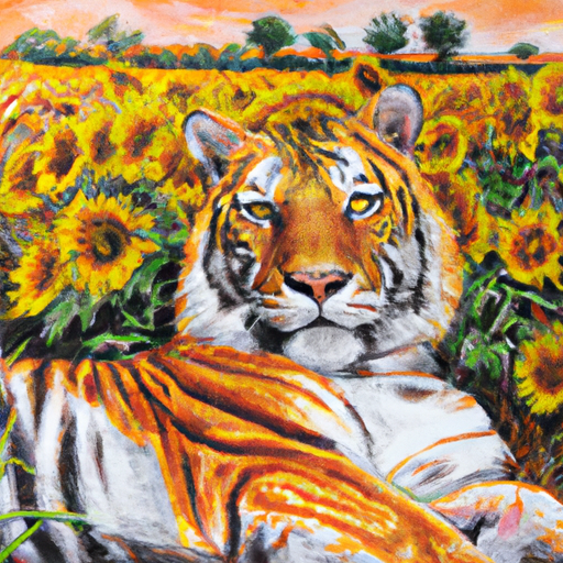 A realistic painting of a majestic adult tiger in an African grassland with sunflowers