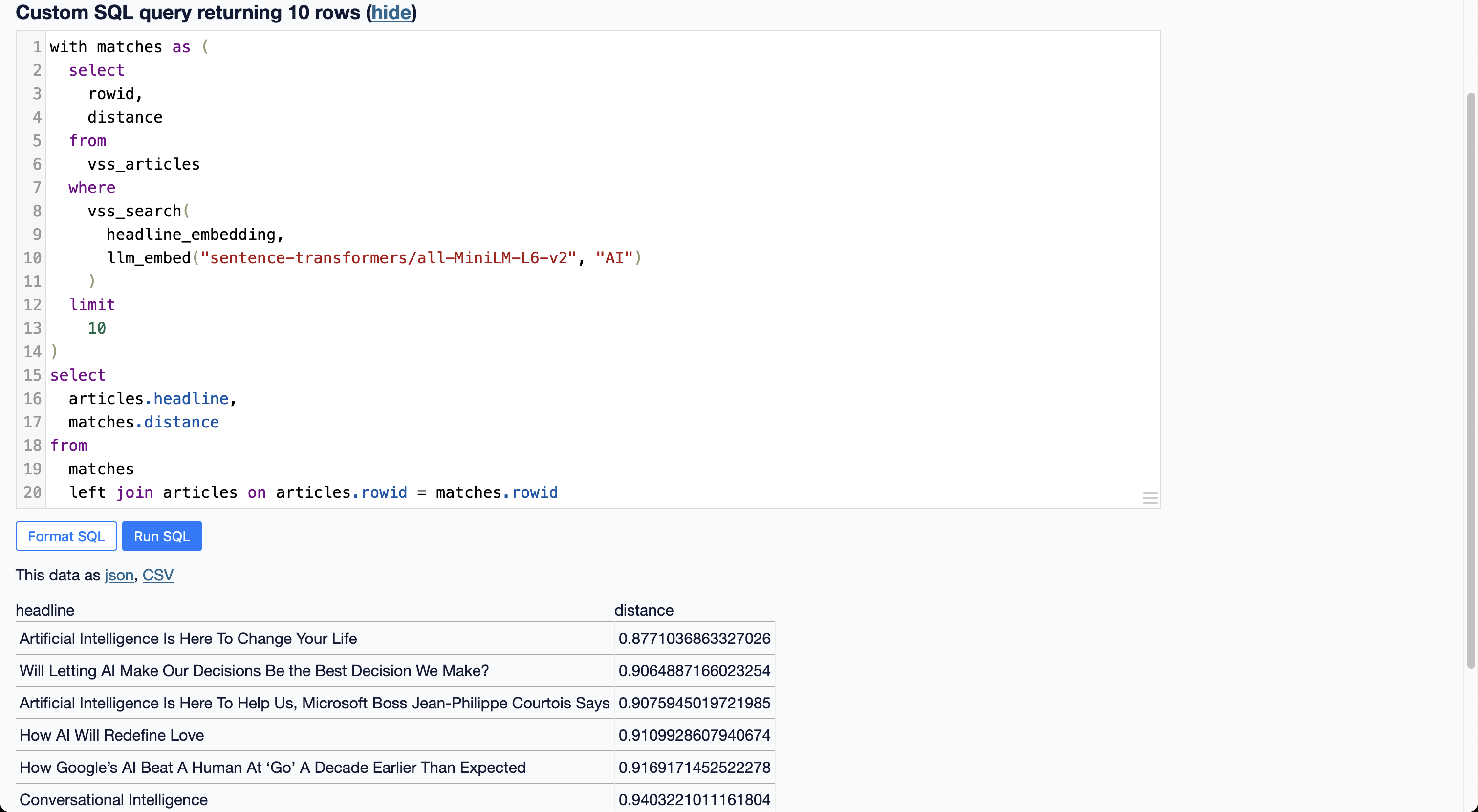 screenshot of a datasette query to the sqlite database using the vector store