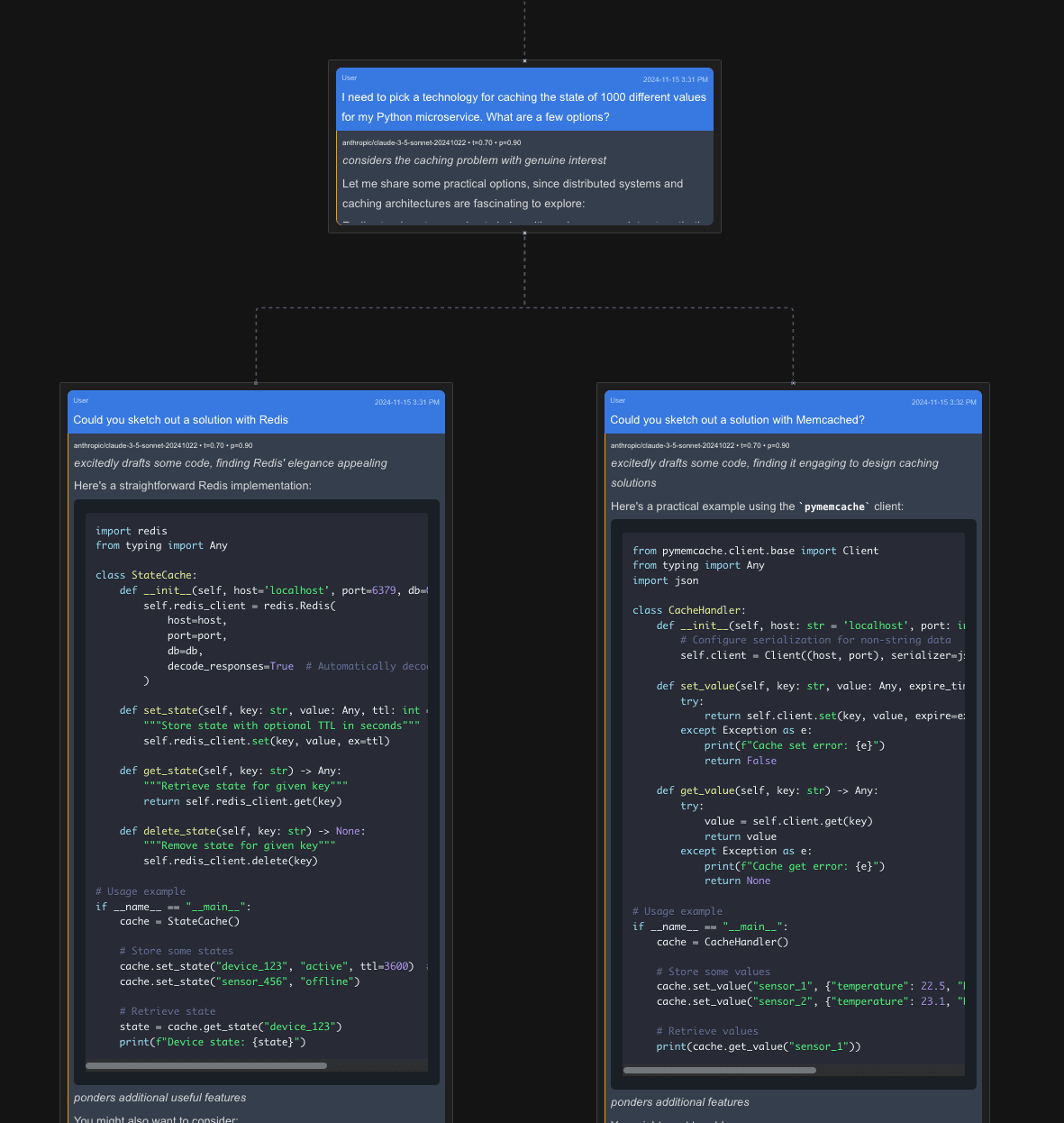 A diagram showing multiple conversation branches exploring different approaches to adding caching to a Python application"