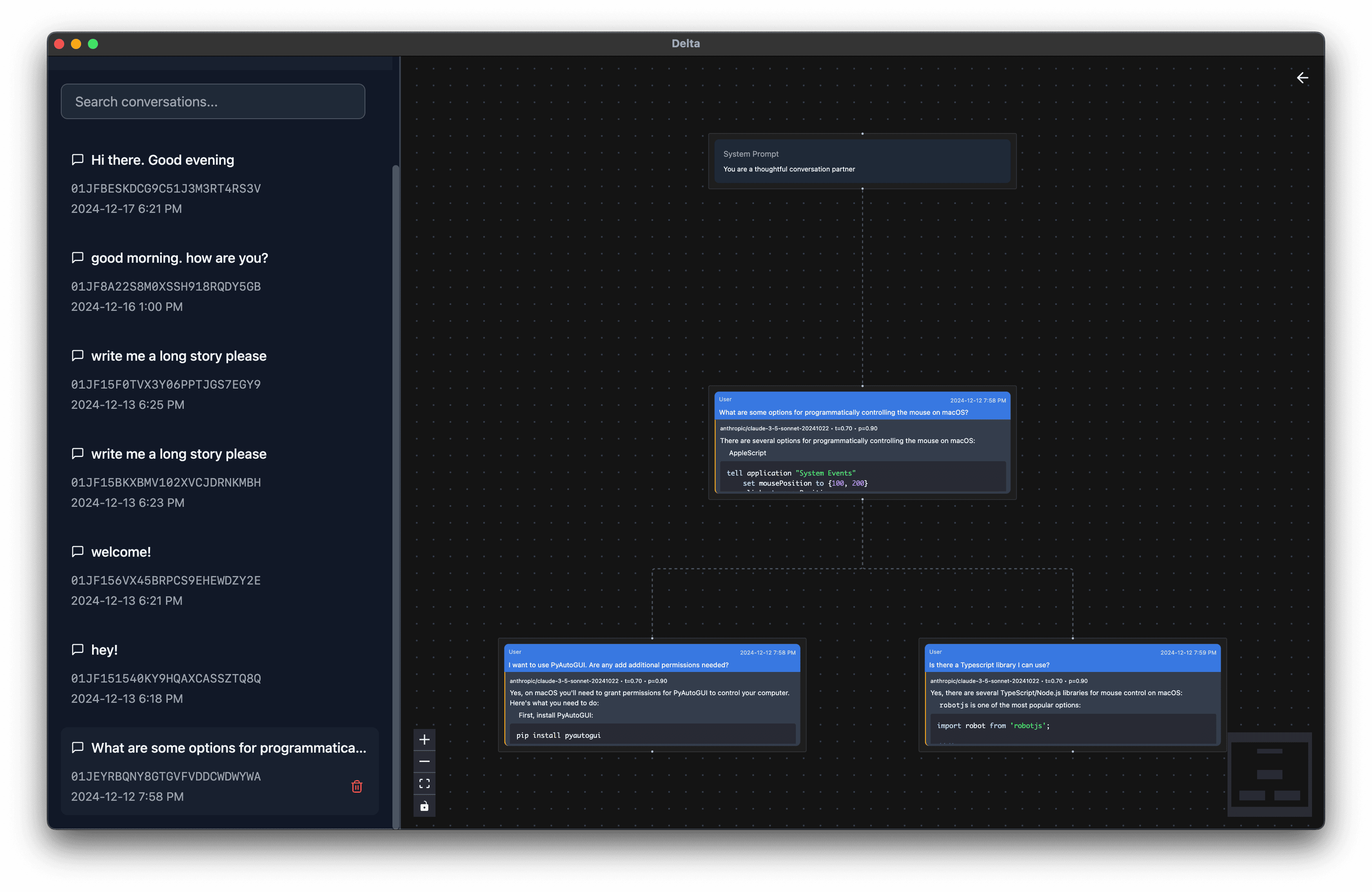 Screenshot of Delta app showing the canvas view with multiple conversation branches and nodes