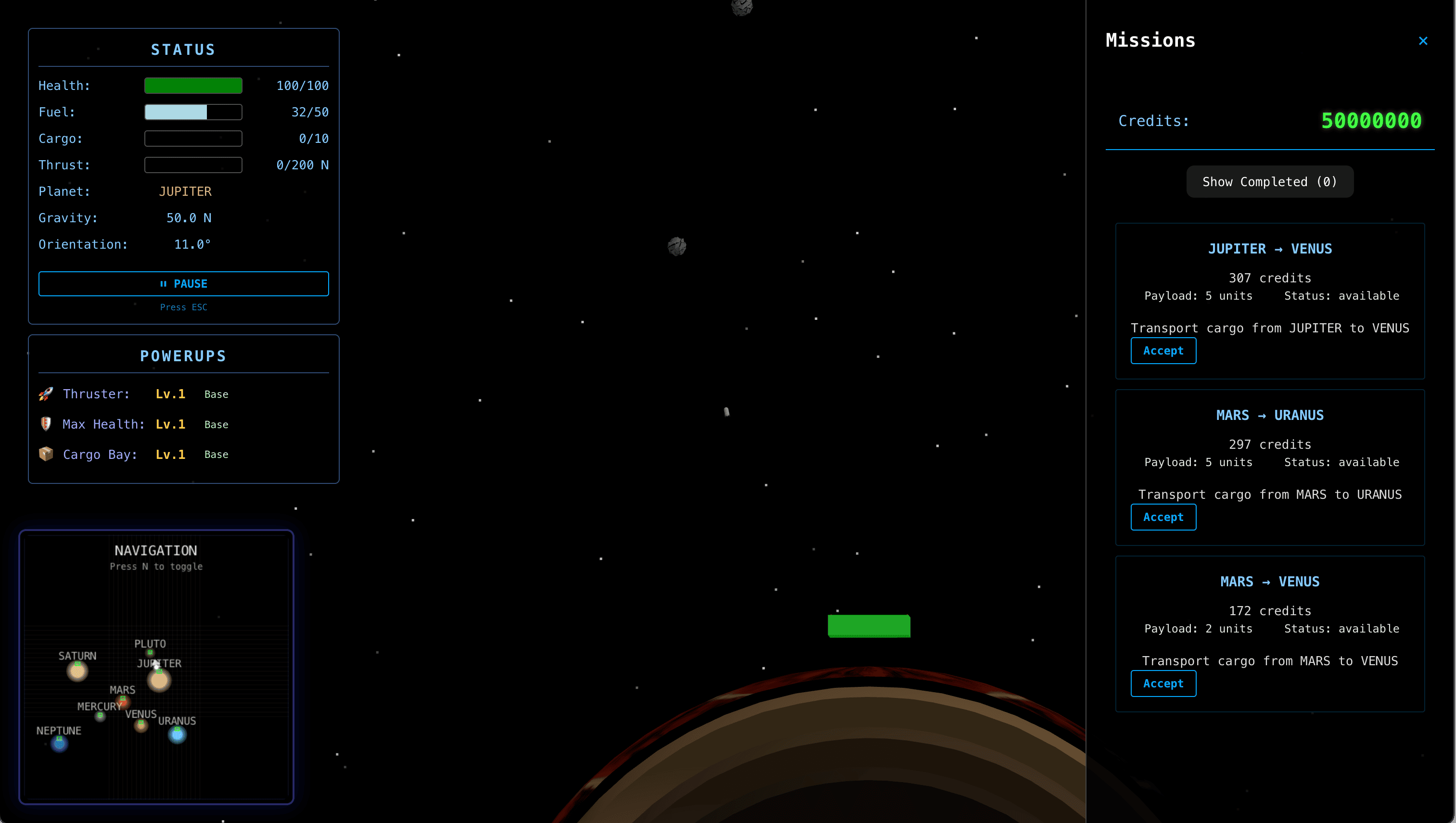 Screenshot of the lander near Jupiter in Landing Pad game. The mart pane is visible on the right of the screen.