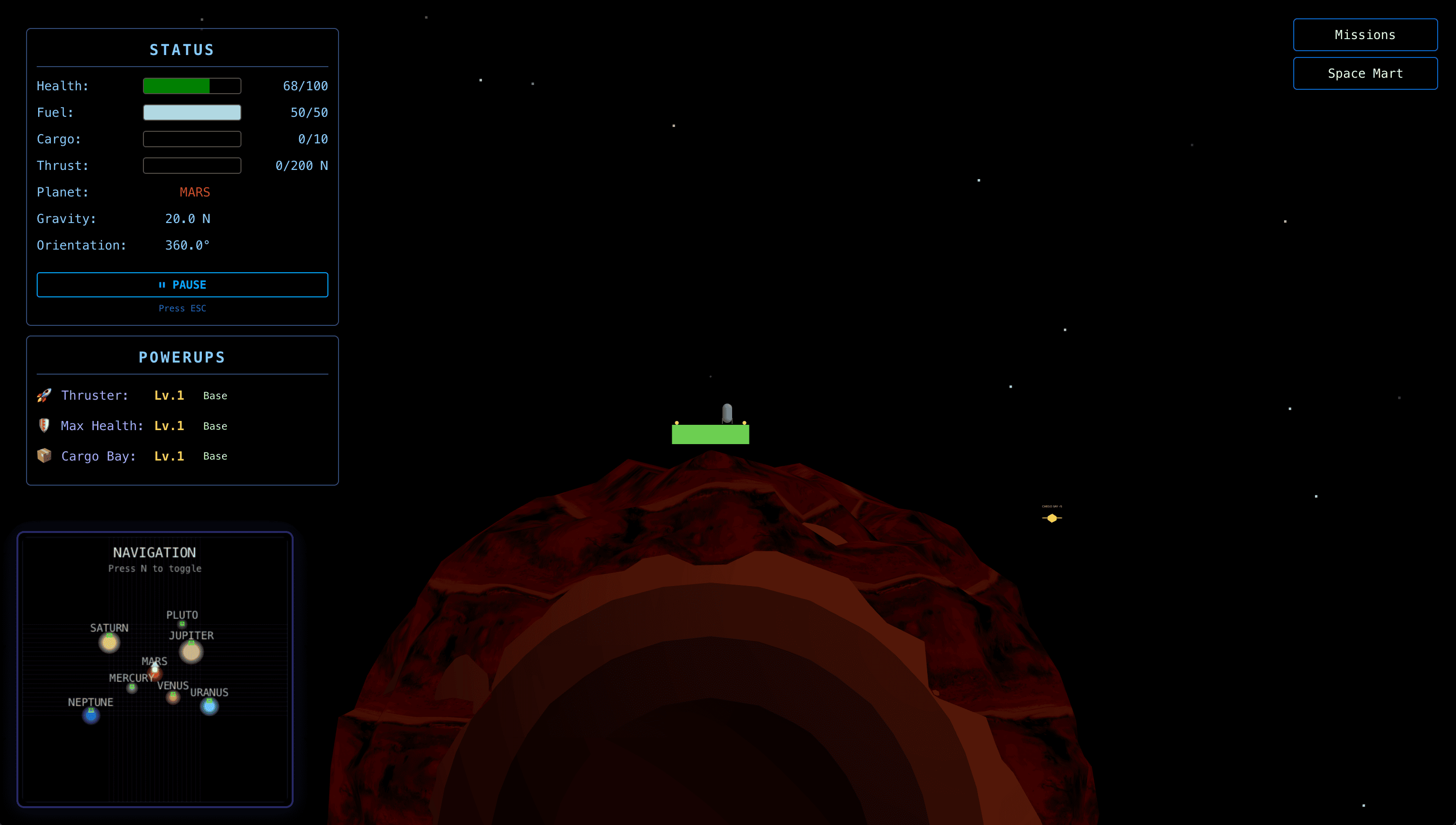 Screenshot of Landing Pad, a game about spaceship flying between planets