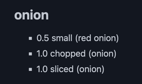 Screenshot showing ingredient grouping in Snapcart - multiple onion ingredients grouped together: 0.5 small red onion, 1.0 chopped onion, and 1.0 sliced onion