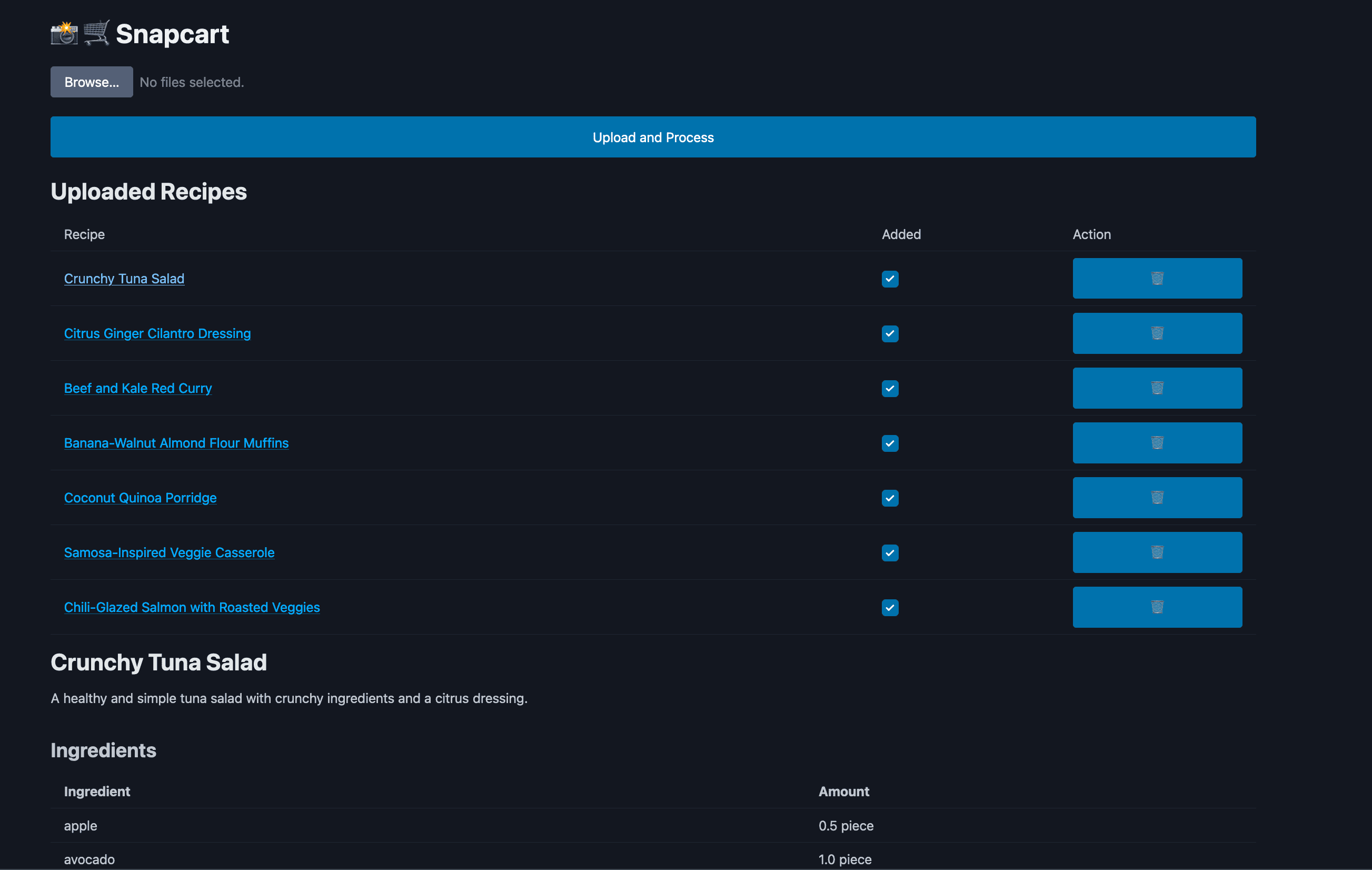 Snapcart webapp screenshot displaying the upload, recipe list and recipe detail features