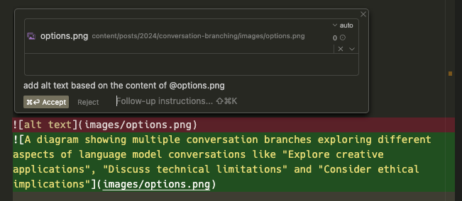 A screenshot showing Cursor&rsquo;s generated alt text for an image. The alt text describes a diagram with multiple conversation branches and discusses caching approaches in Python applications